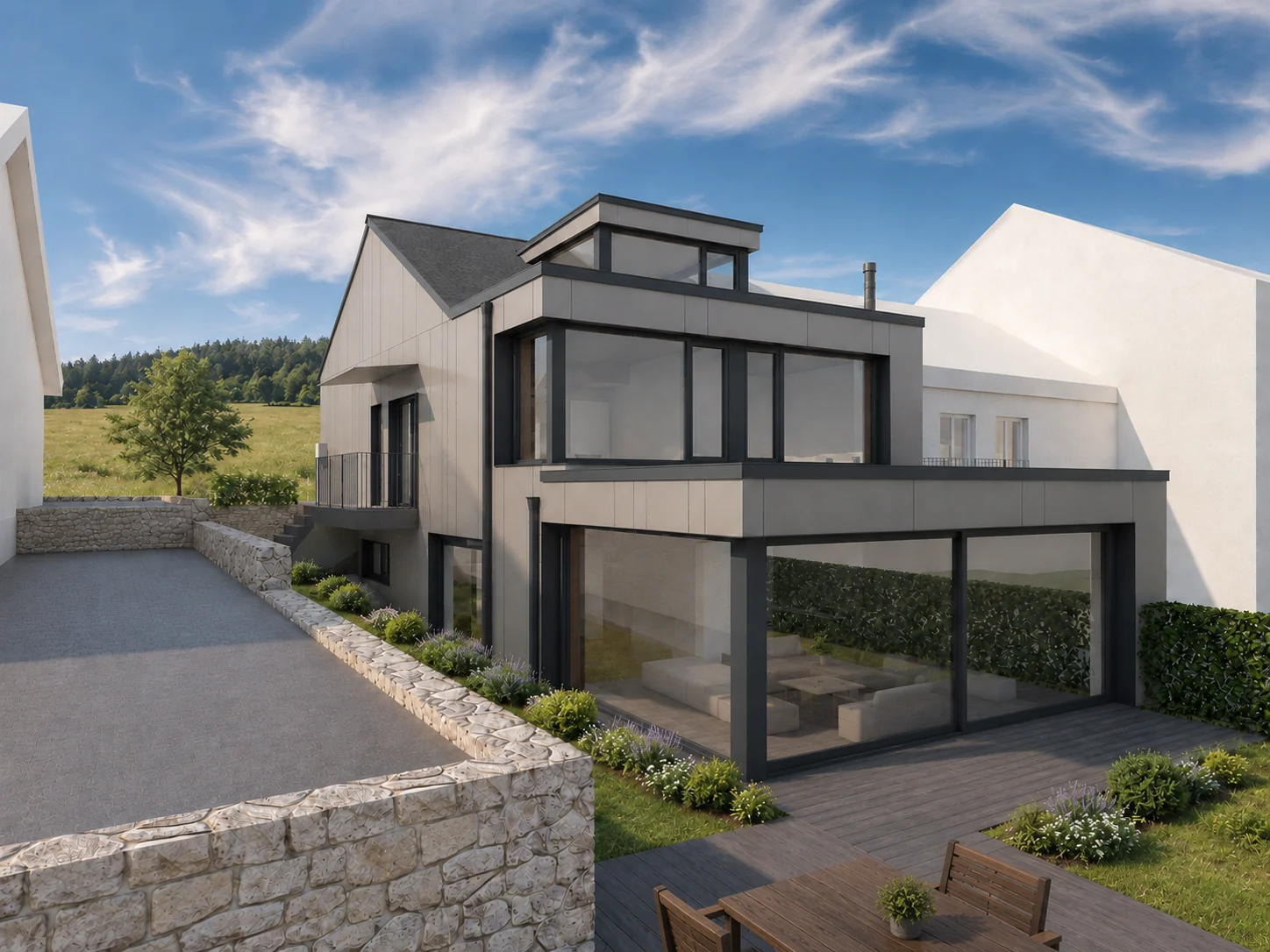 Projet, côté jardin (visualisation 3D) — Extension de maison, Roodt, LU
